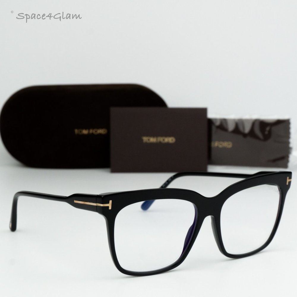 Tom Ford Women Eyeglasses Shiny Black Blue Block Square FT5768-B 001 BRAND NEW